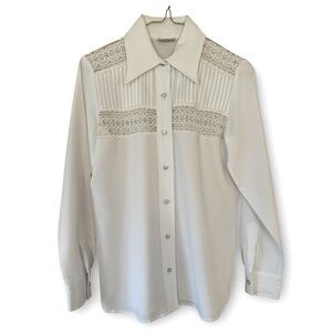 Vintage King James Ivory Victorian Crochet Lace Rhinestones Blouse Size Small